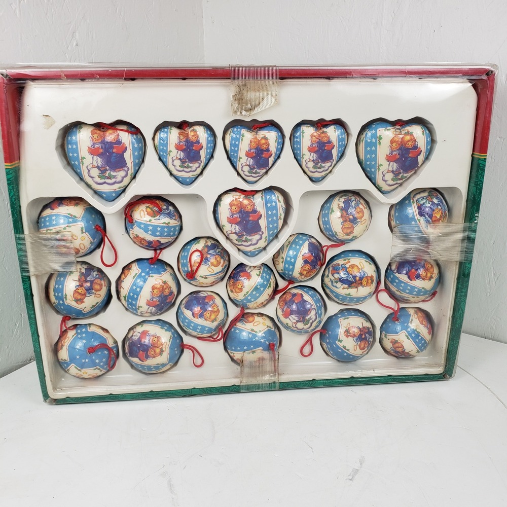 Trim A Home 24 Piece Decoupage Christmas Ornament Set Angels Hearts Rounds Blue